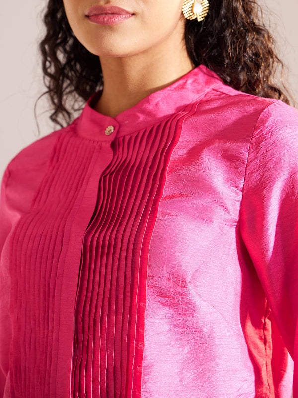 Lace Detail Pintuck Shirt - Pink