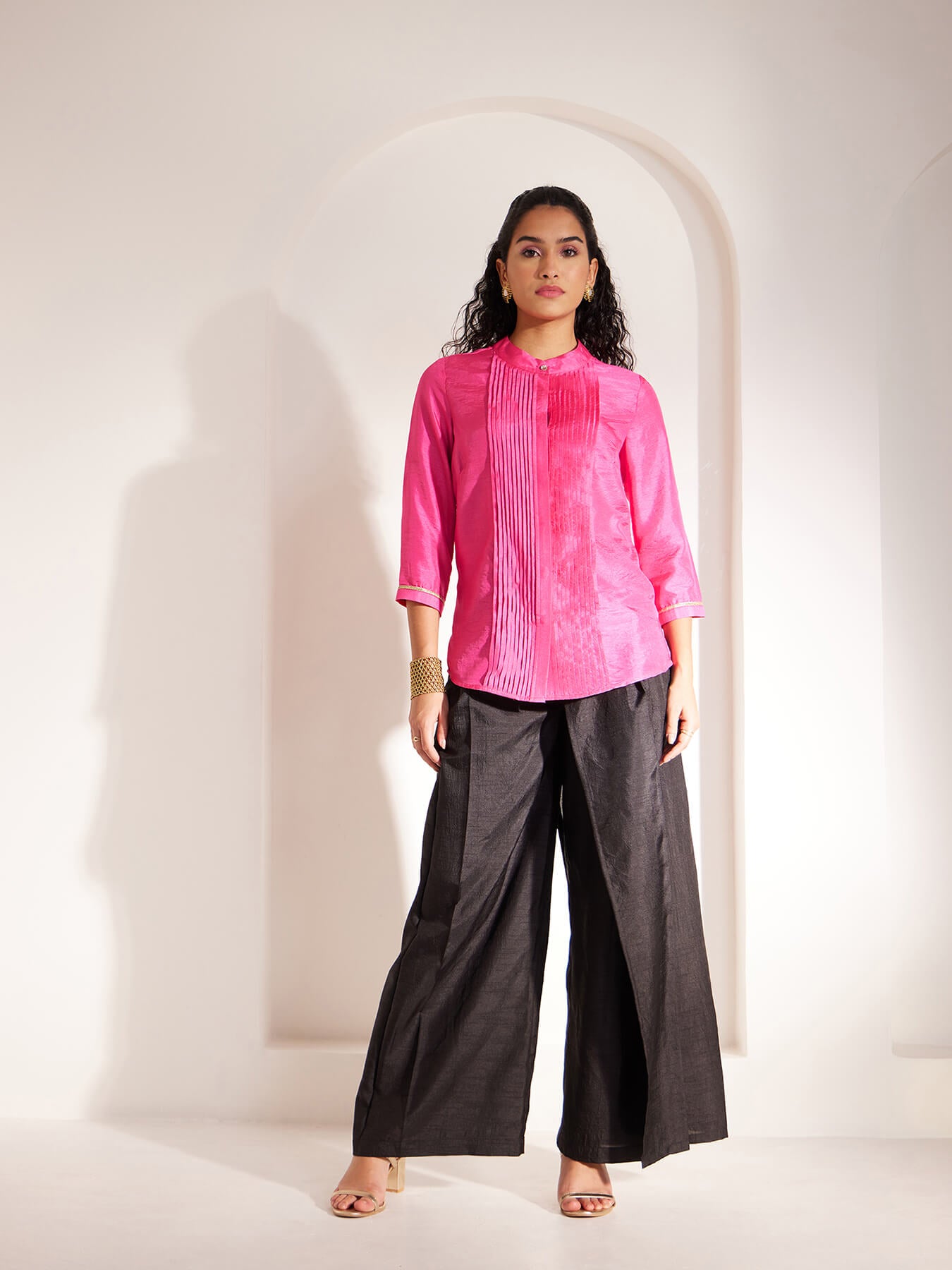 Lace Detail Pintuck Shirt - Pink