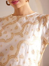 Brocade Crew Neck Woven Top - White And Gold