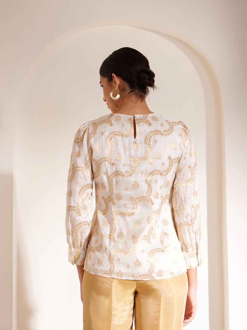 Brocade Crew Neck Woven Top - White And Gold