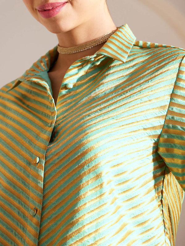 Brocade Geometric Print Shirt - Green And Gold