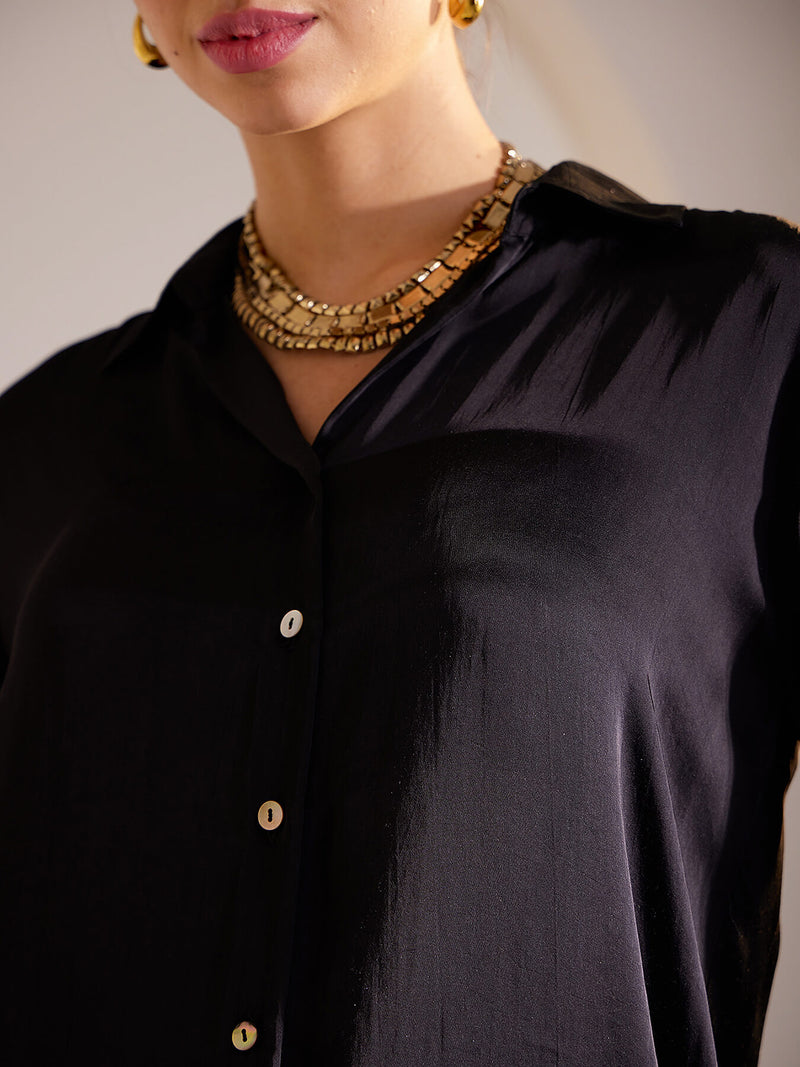 Luxe Satin Collared Shirt - Black