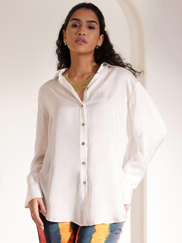 Luxe Satin Collared Shirt - White