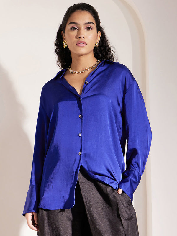 Luxe Satin Collared Shirt - Blue