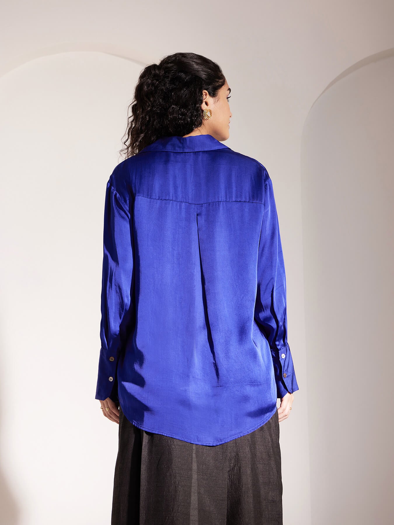 Luxe Satin Collared Shirt - Blue