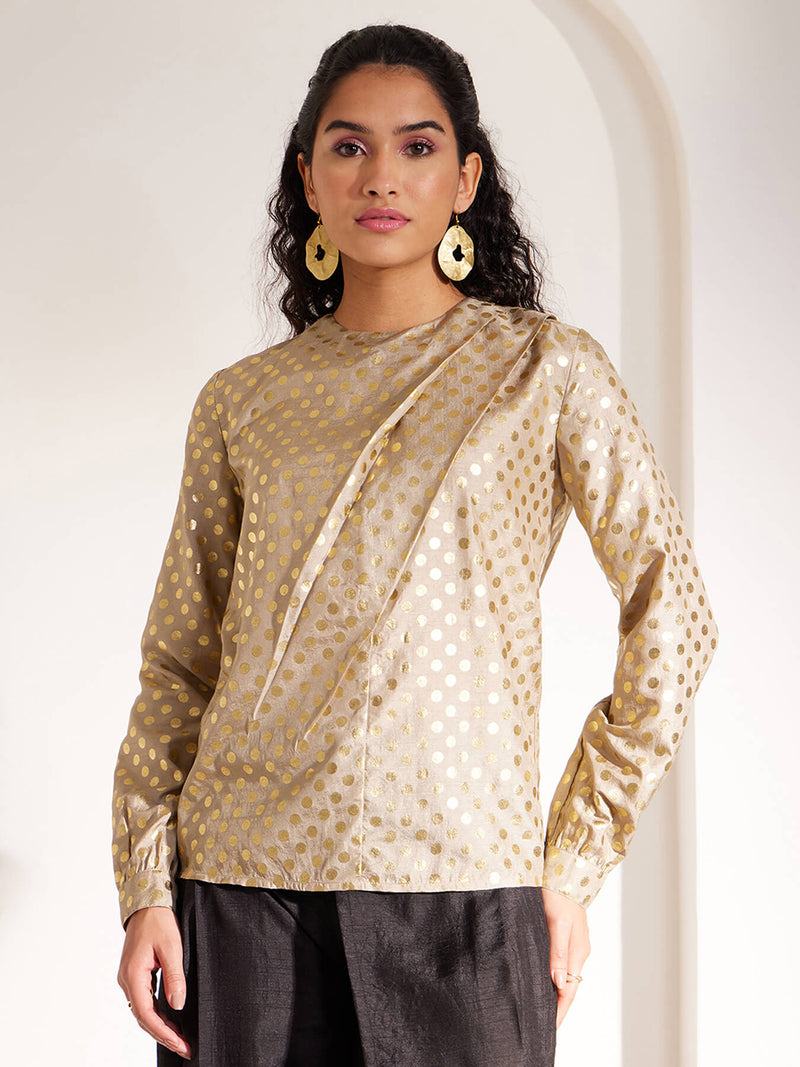 Foil Pleated Crew Neck Top - Beige And Gold