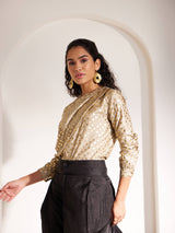 Foil Pleated Crew Neck Top - Beige And Gold