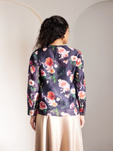 Chanderi Crew Neck Floral Top - Navy Blue And Multicolour