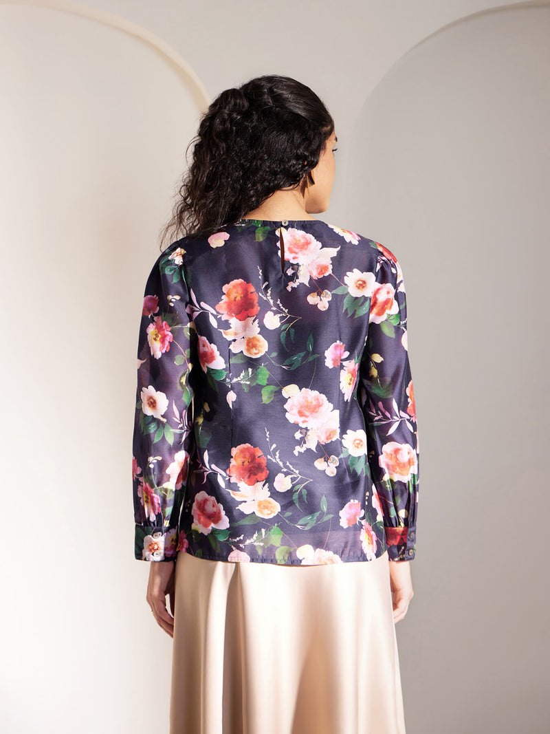 Chanderi Crew Neck Floral Top - Navy Blue And Multicolour