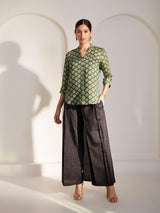 Chanderi Front Pleat Top - Green And Off White