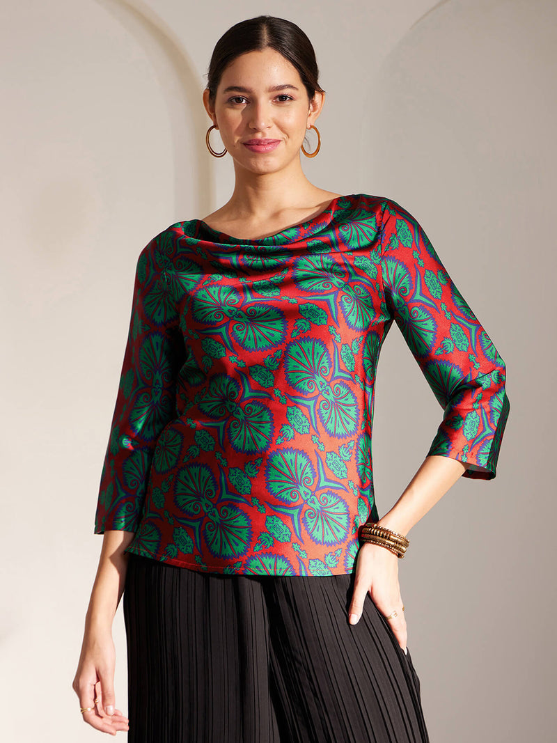 Satin Cowl Neck Top - Red And Green