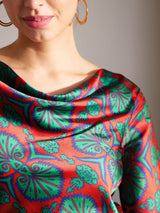 Satin Cowl Neck Top - Red And Green