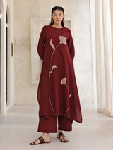 Cotton Floral A-Line Kurta Set - Maroon