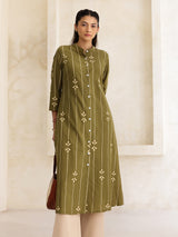 Cotton Abstract Flared Kurta - Green