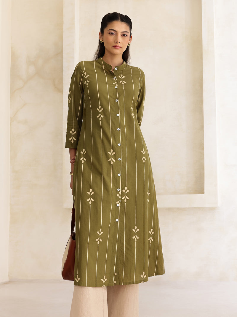 Cotton Abstract Flared Kurta - Green