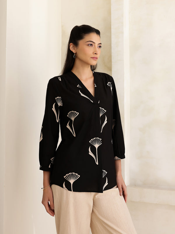 Cotton Floral Regular Top - Black