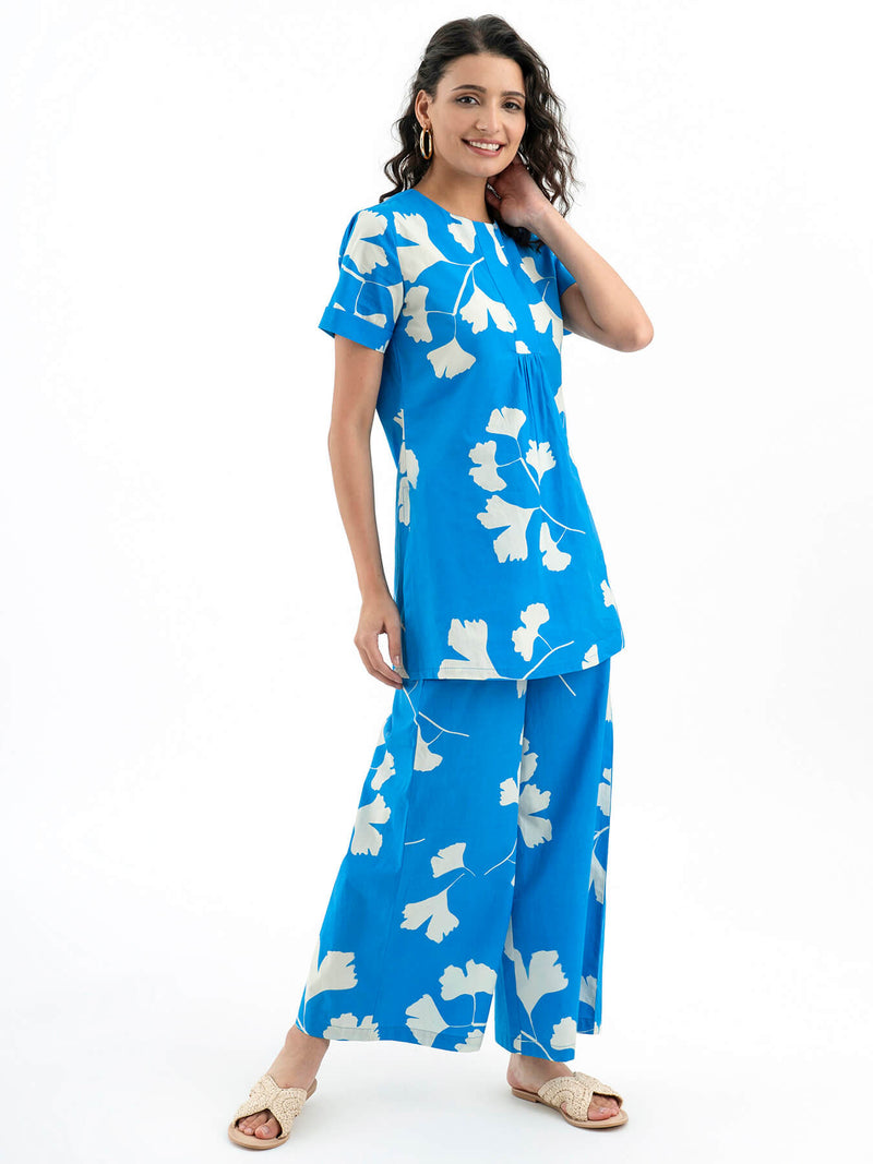 Cotton Poplin Floral Trousers - Blue