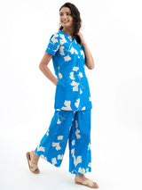 Cotton Poplin Floral Trousers - Blue