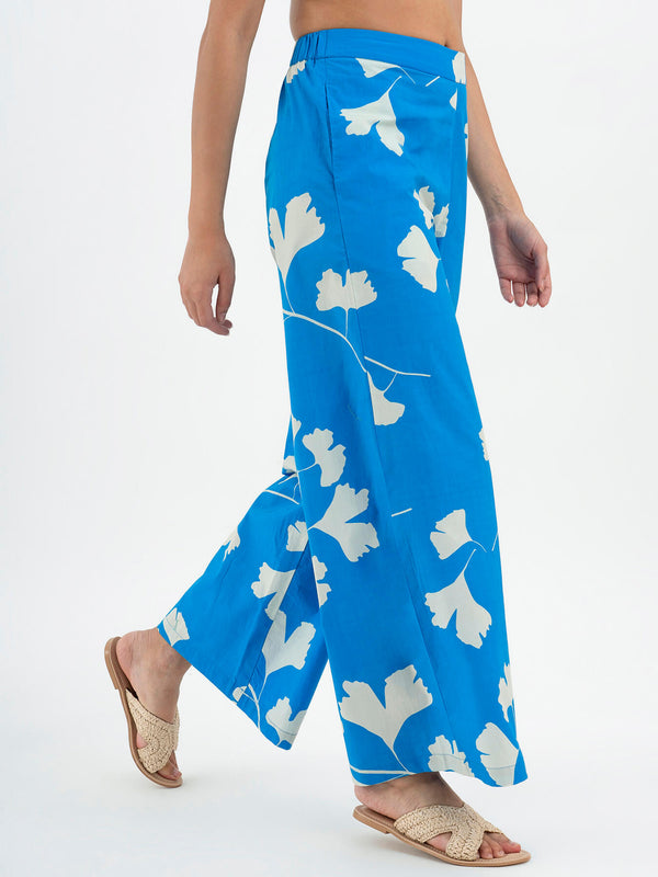 Cotton Poplin Floral Trousers - Blue