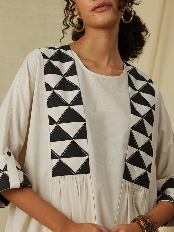 Sleeveless Cotton Geomtric Print Dress With Jacket - Black & Cream