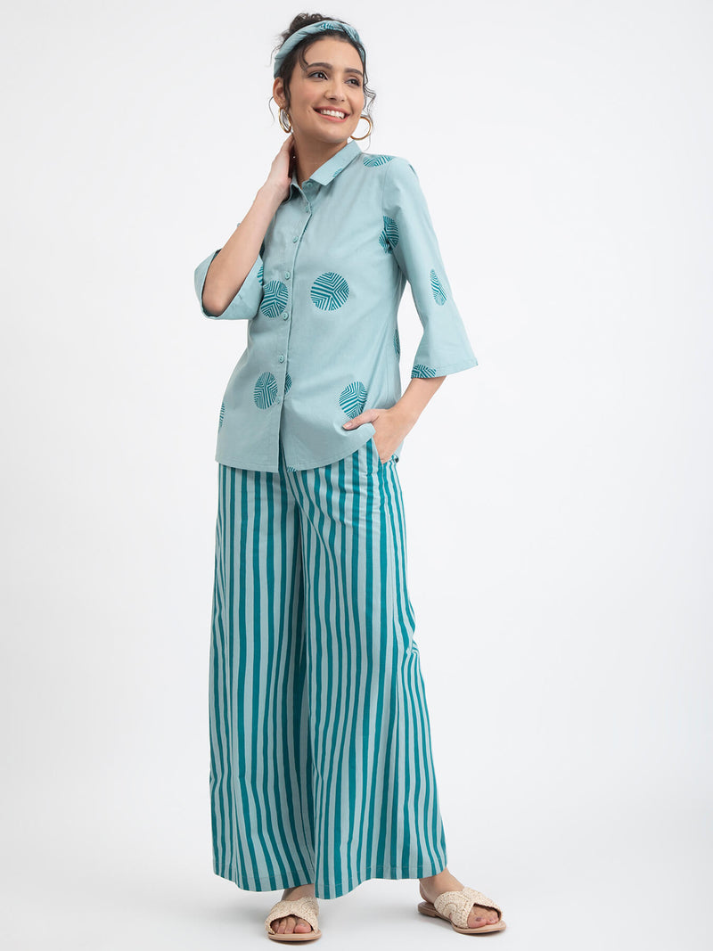 Cotton Poplin Striped Pants - Light Green