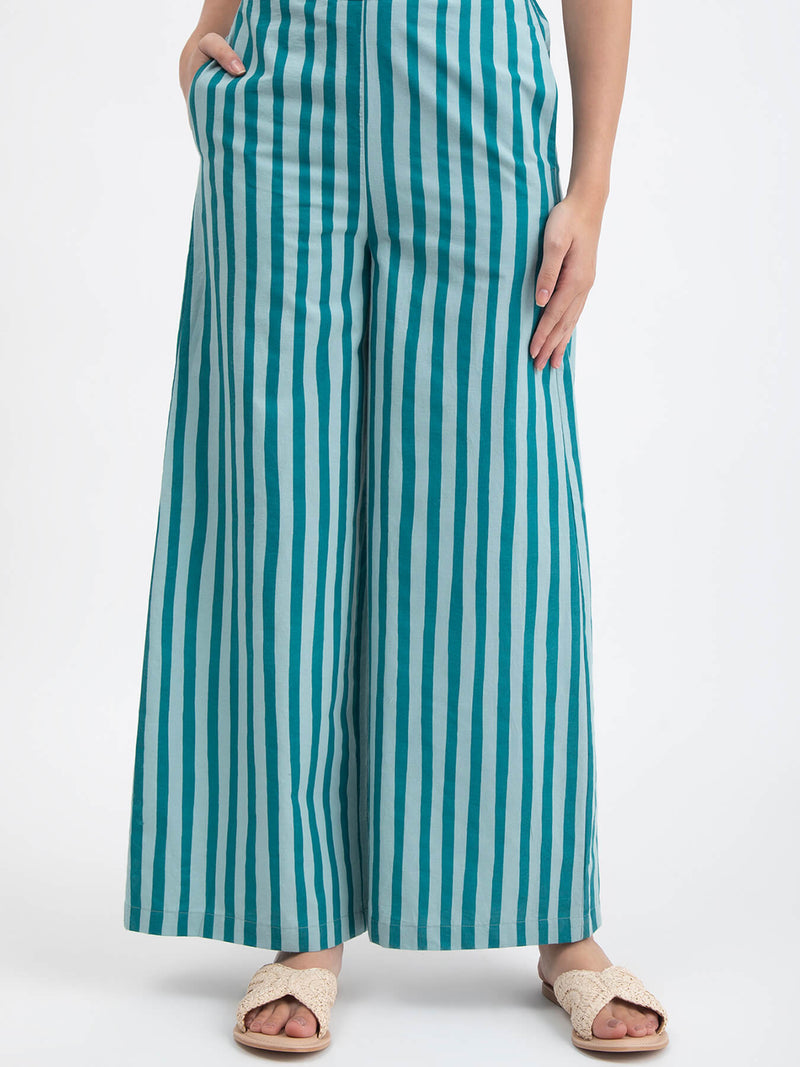 Cotton Poplin Striped Pants - Light Green