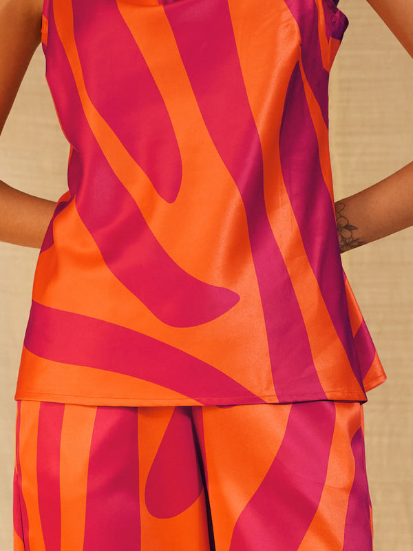 Satin Abstract Print Coord Set - Orange & Pink