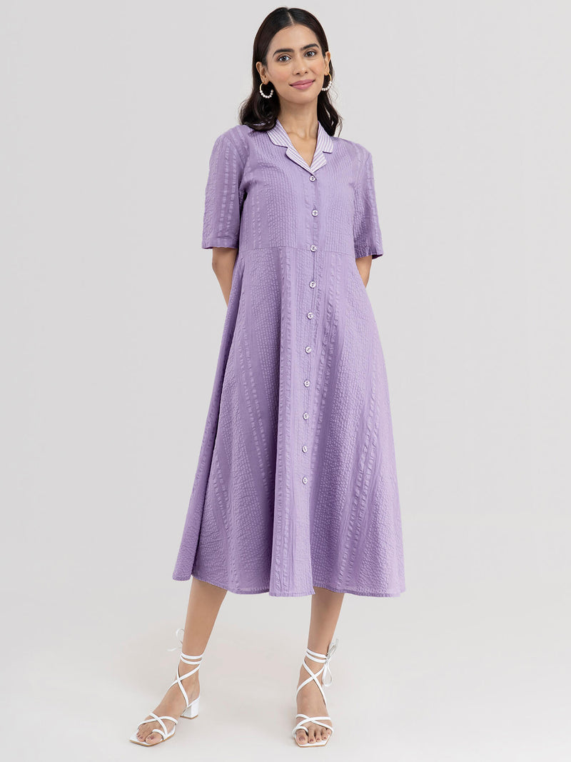 Checked Print Collar Dress - Lilac