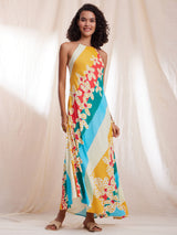 Floral & Striped Halterneck Dress - Multicolour