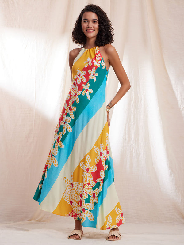 Floral & Striped Halterneck Dress - Multicolour