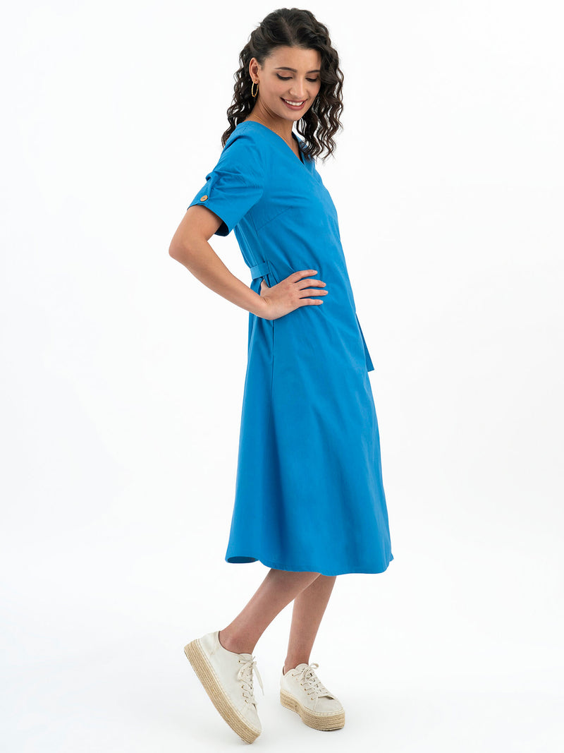 Cotton Poplin Wrap Dress - Blue