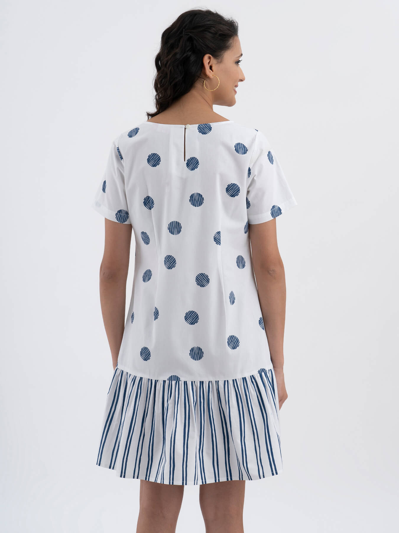 Cotton Poplin Polka Single Tiered Dress - White