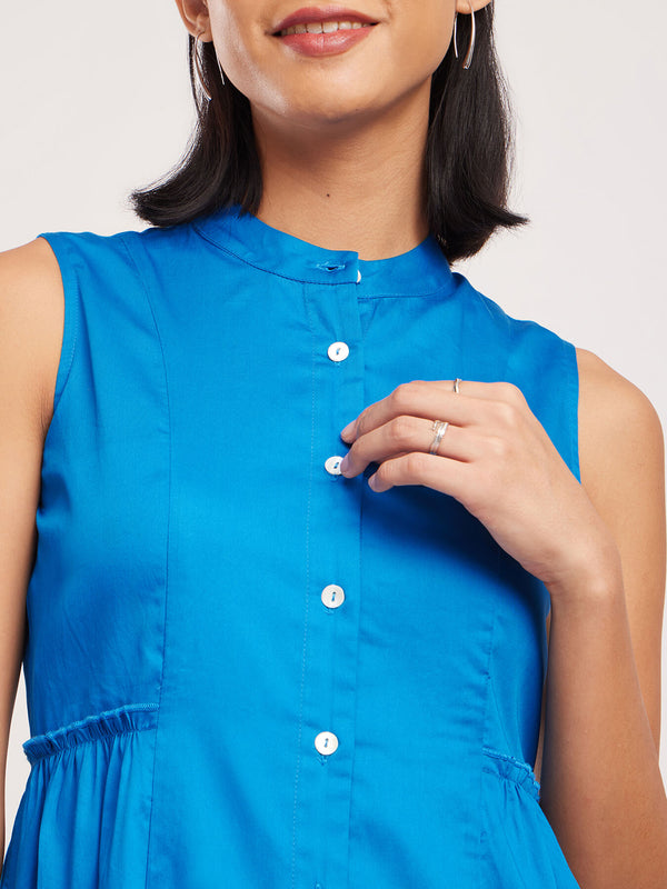 Cotton Satin Solid A-Line Dress - Blue