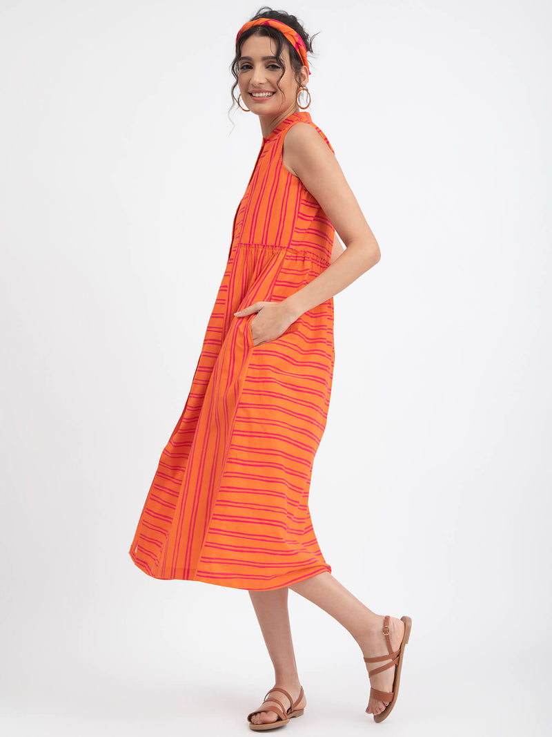 Sleeveless Cotton Poplin A-line Dress - Orange
