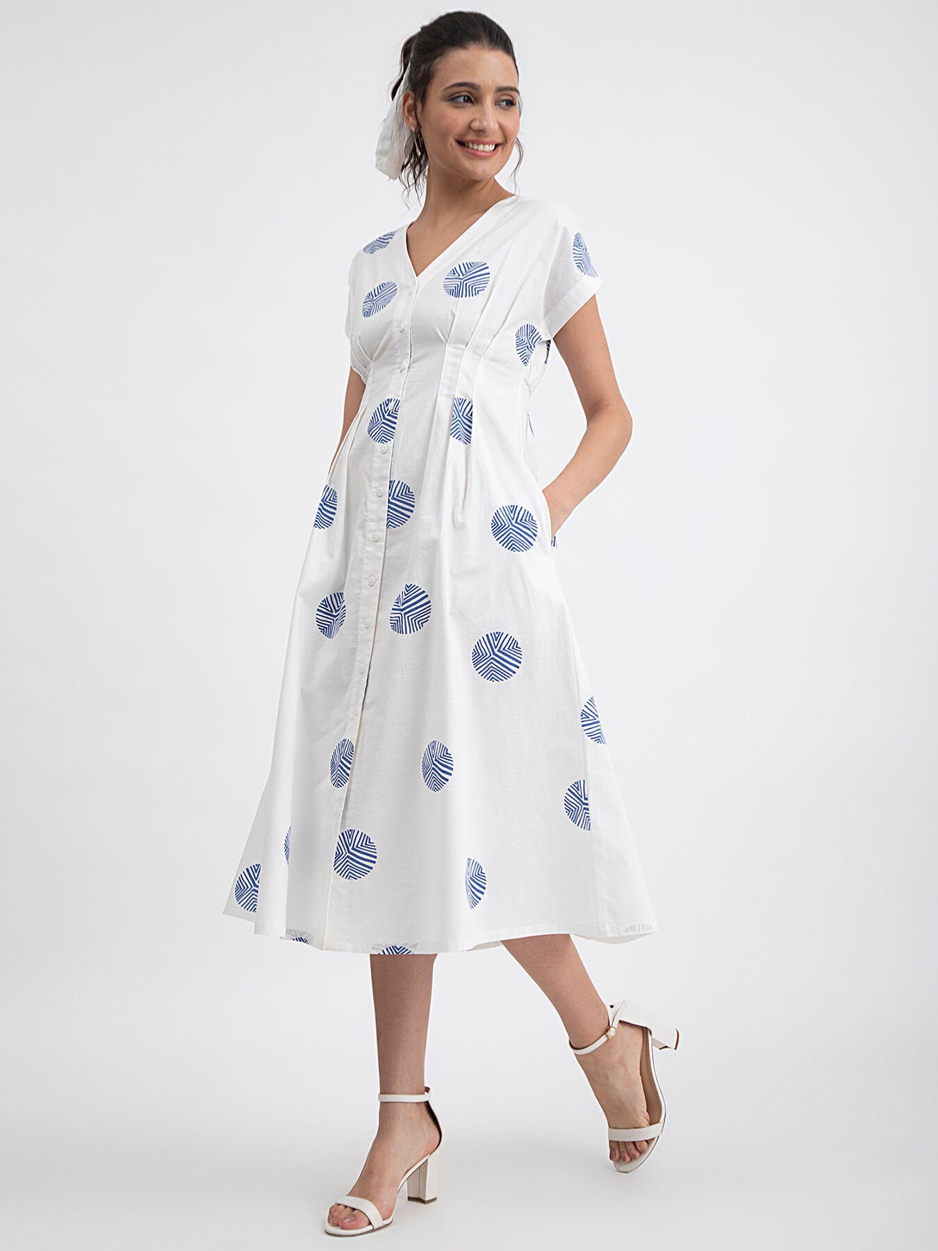 Cotton Poplin Polka A-line Dress - White