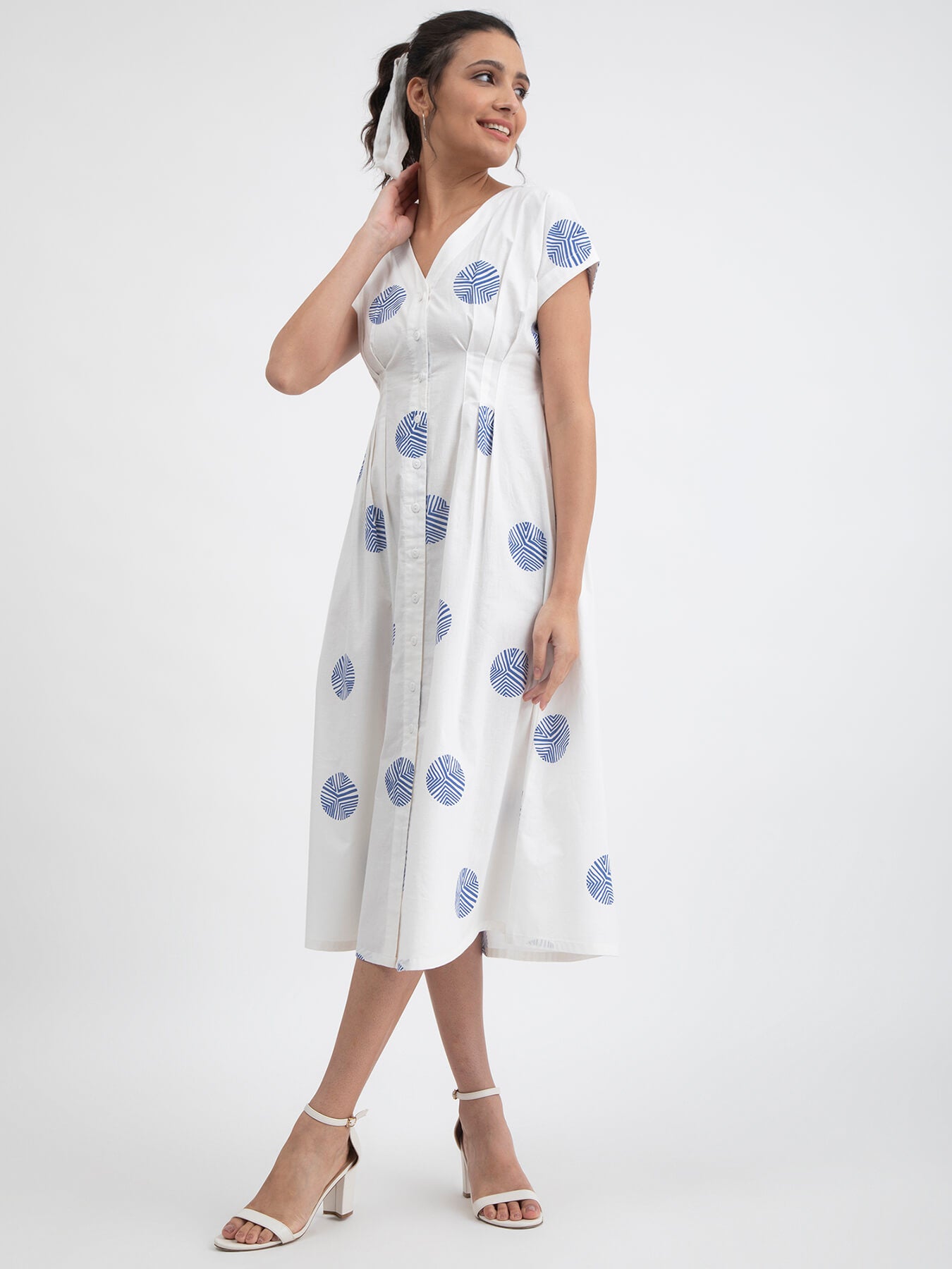 Cotton Poplin Polka A-line Dress - White