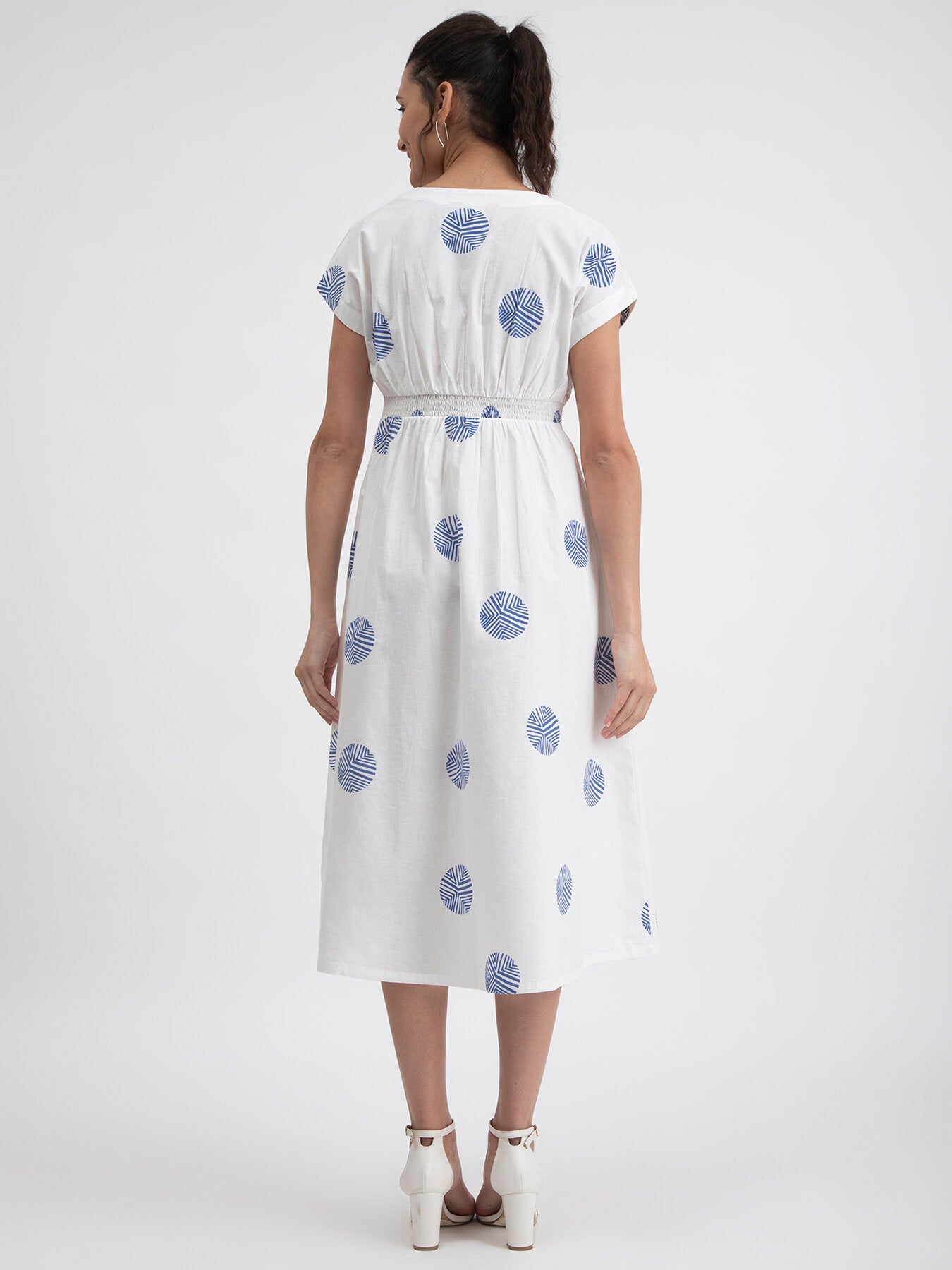 Cotton Poplin Polka A-line Dress - White