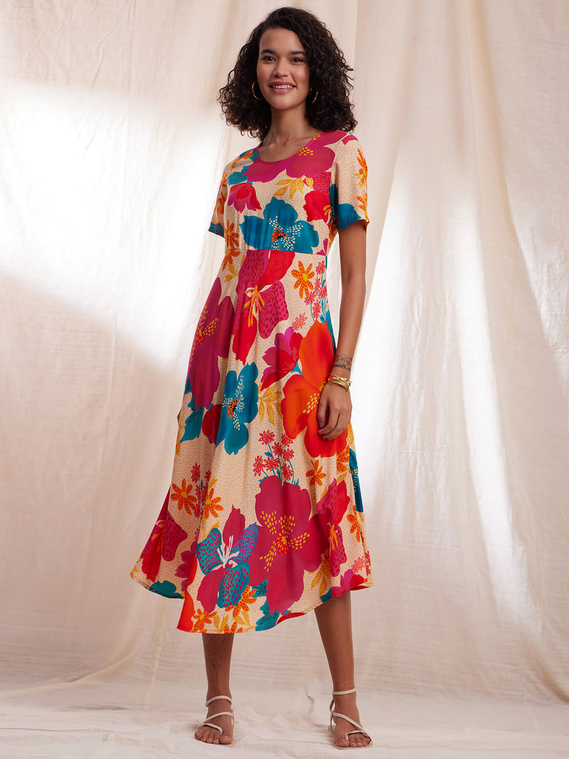 Floral Flared A line Dress - Multicolour