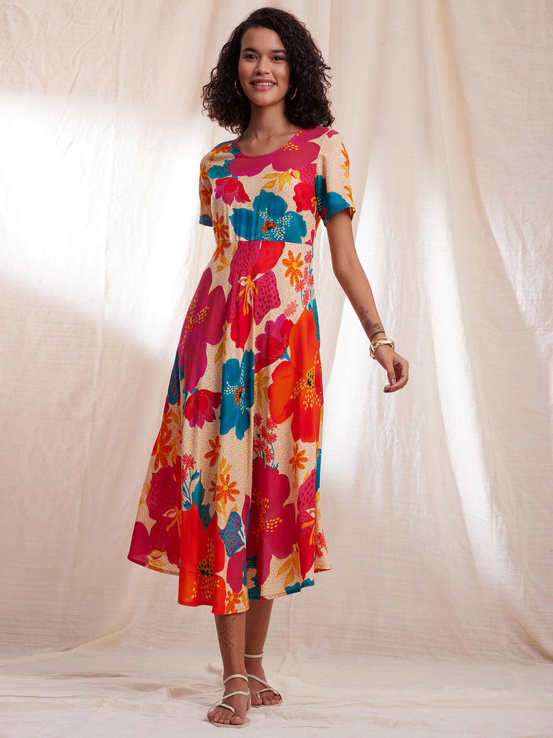 Floral Flared A line Dress - Multicolour