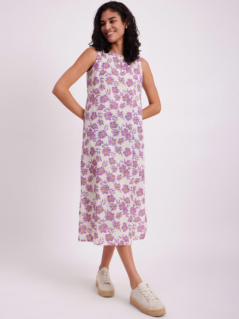 Cotton Floral Sleeveless Dress - Lilac