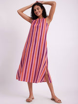 Cotton Striped Sleeveless Dress - Pink
