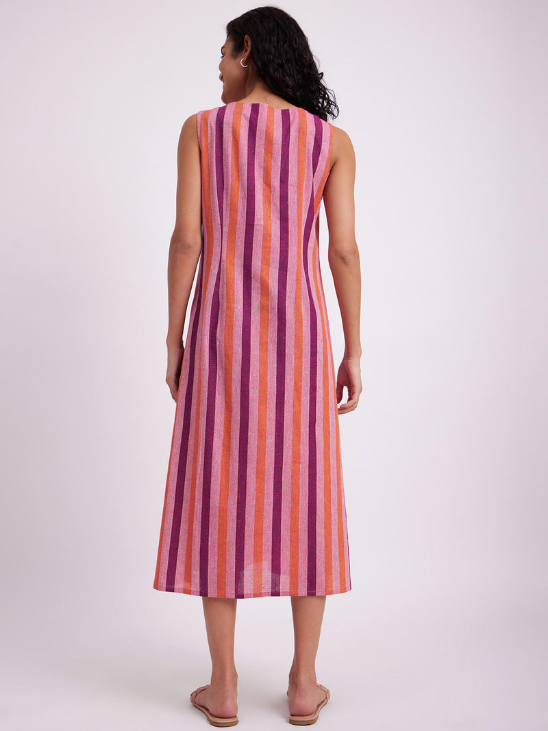 Cotton Striped Sleeveless Dress - Pink