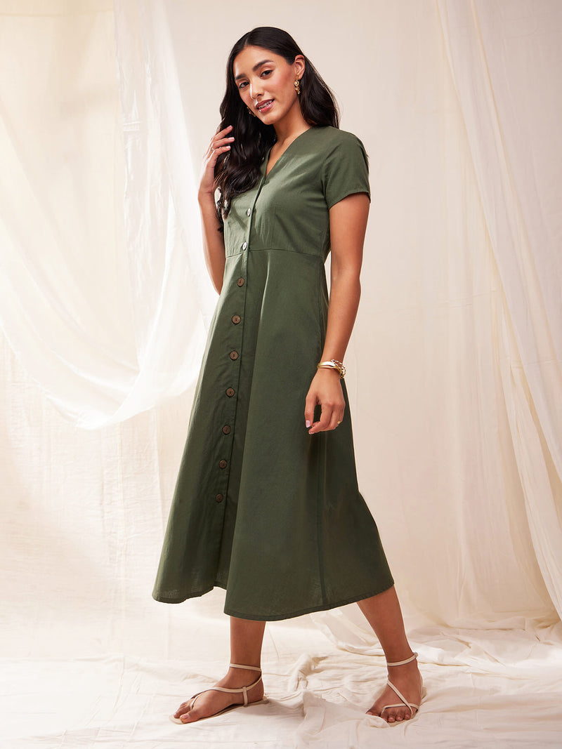 Solid A-line Dress - Green