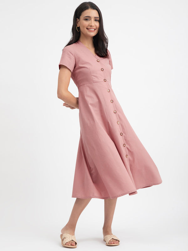 Linen Blend A-line Flared Dress - Pink