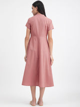 Linen Blend A-line Flared Dress - Pink