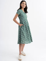 Cotton Dabu Handblock Polka Printed A-line Dress - Green