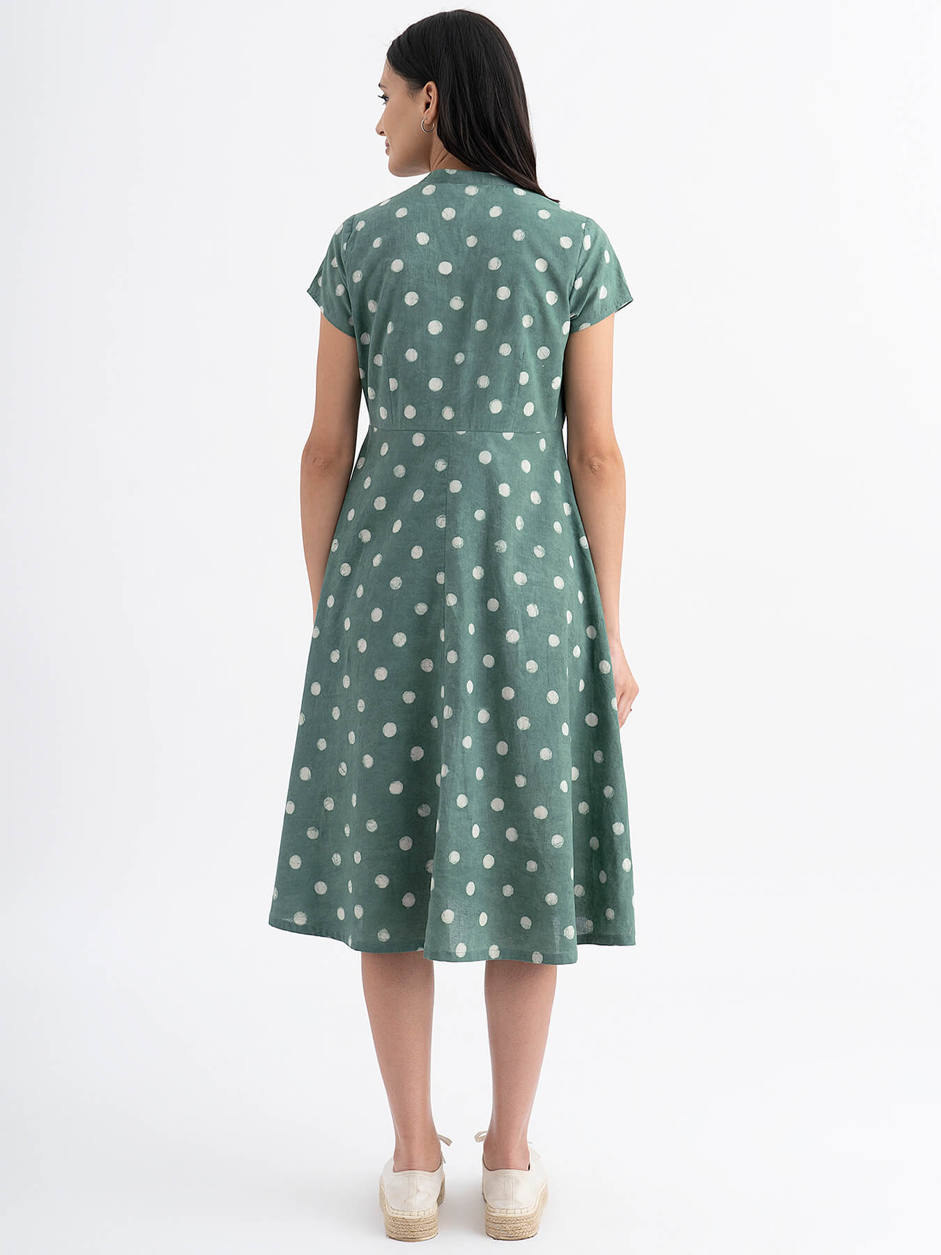 Cotton Dabu Handblock Polka Printed A-line Dress - Green
