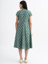 Cotton Dabu Handblock Polka Printed A-line Dress - Green