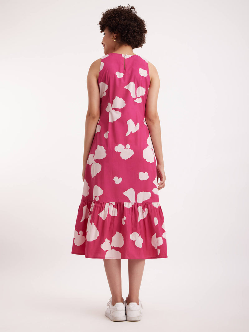 Cotton Floral Single-tiered Dress - Pink