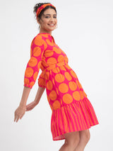 Cotton Poplin Polka Puff-sleeve Dress - Pink & Orange